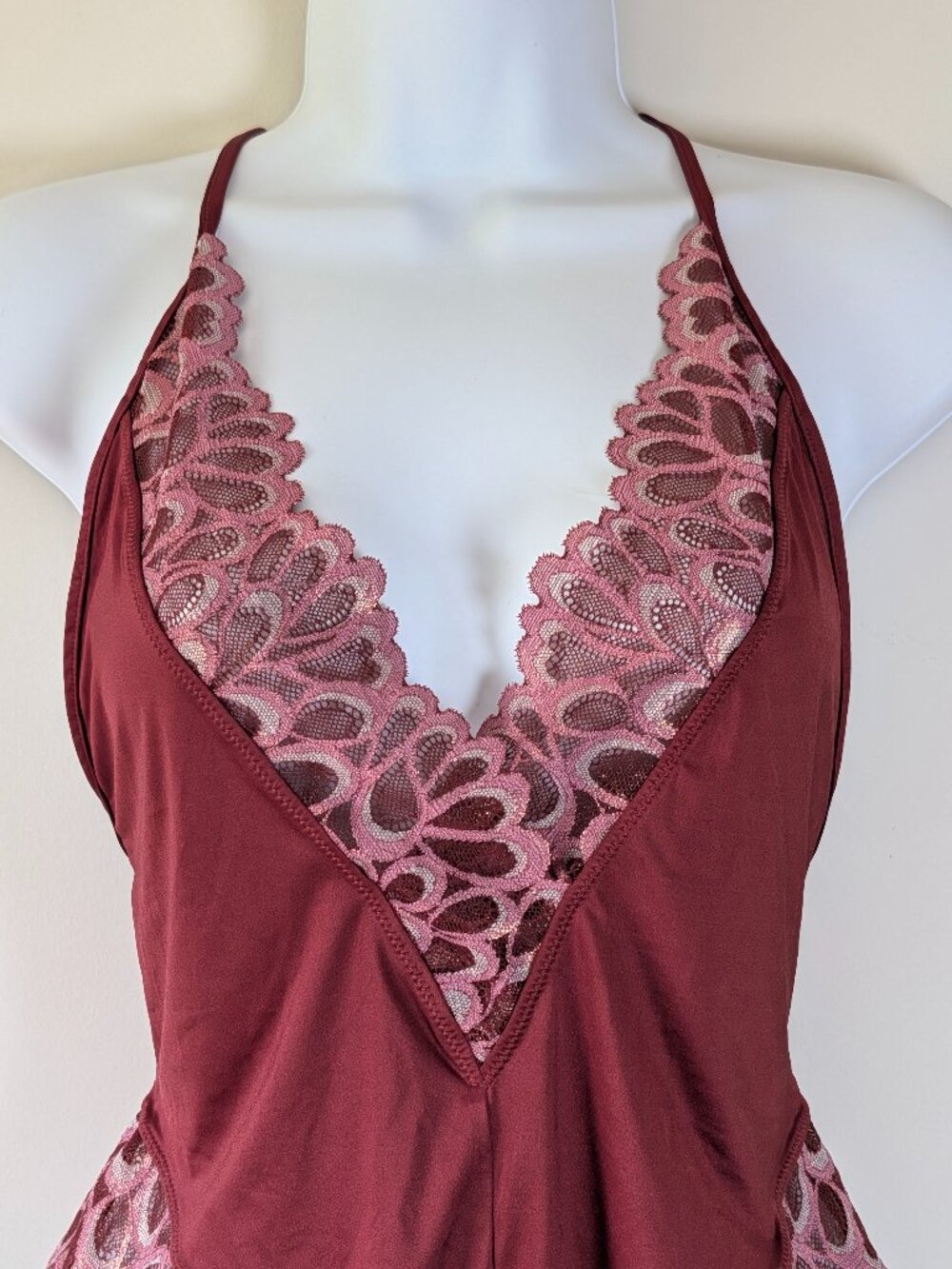 Savage X Fenty Bodysuit by Rihanna Lace Trim Burgundy Pink Size L NWT